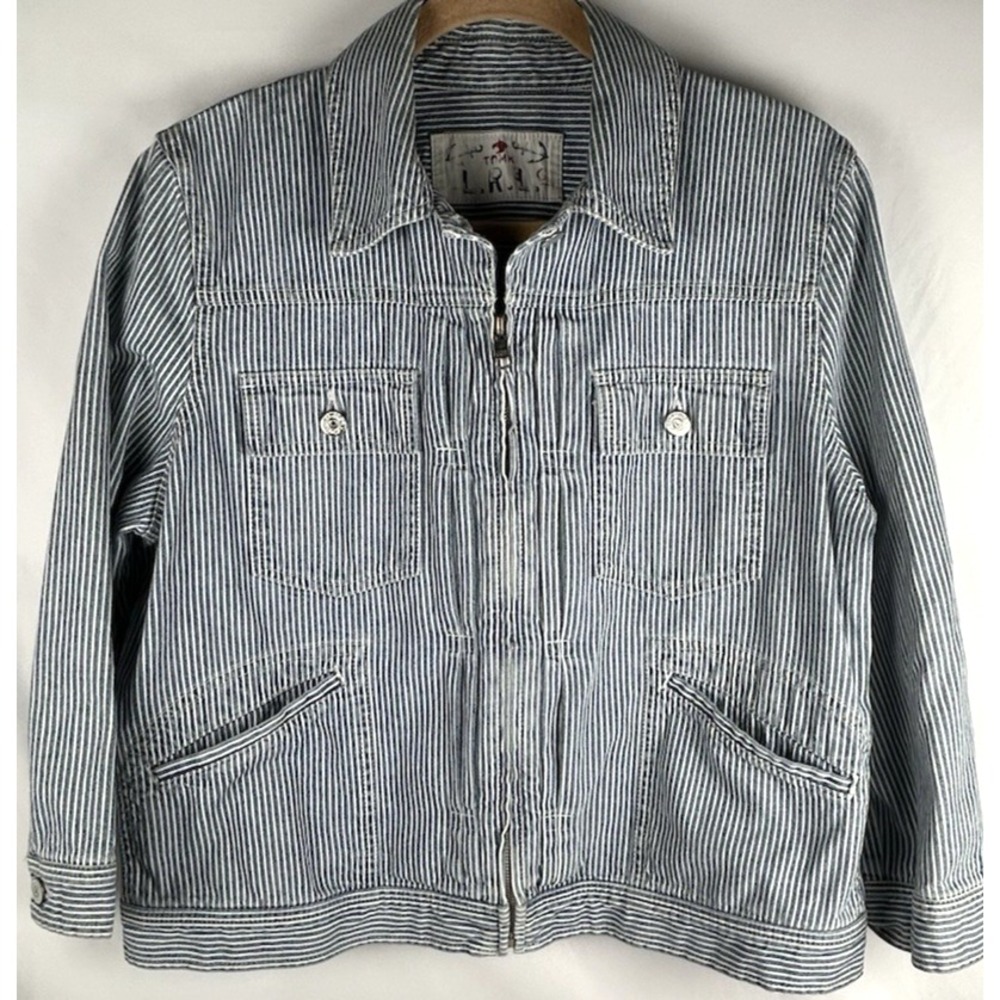 Vtg TDMK Lauren Ralph Lauren Striped Denim Jean Jacket Womens XL Zip Up 90s Y2K